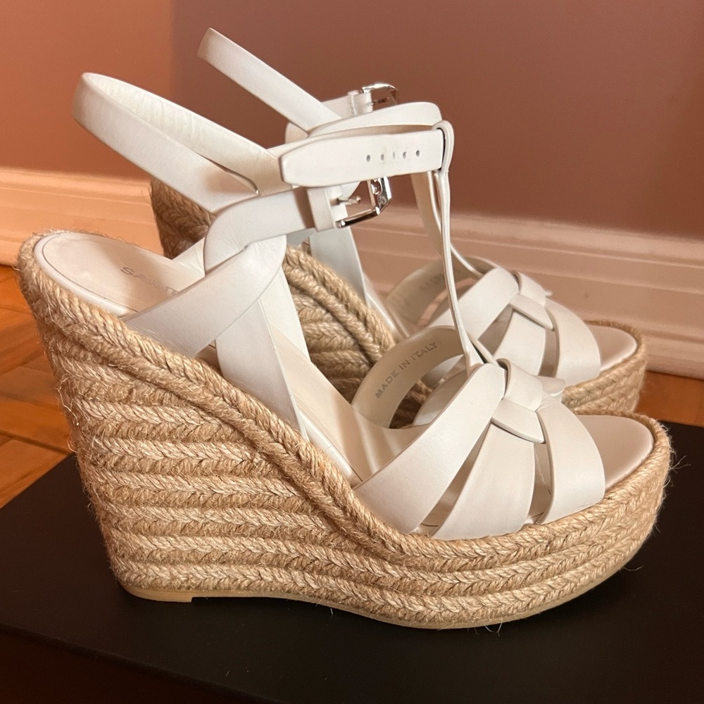 Saint Laurent Tribute Leather Espadrille Wedge Sandals White Size 39